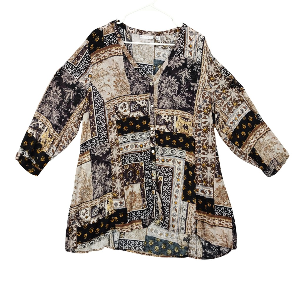 Susan Graver Patchwork Button Up Tunic Blouse Top… - image 1